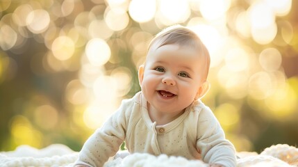 Wall Mural - Adorable baby girl with big green eyes and a toothy grin in the sunlight.