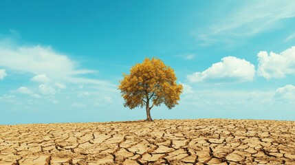 Green Tree Standing Alone on Parched, Dried Land - Life Amidst Desolation, Rooted in the Cracked, Arid Earth