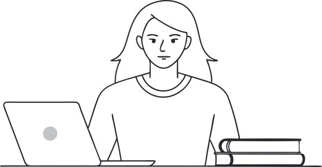 continuous single line drawing of female college student using laptop computer on her lap, line art vector illustration