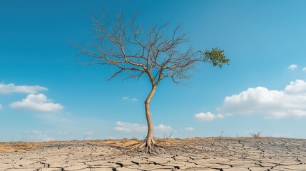 Wall Mural - A bare leafless tree stands alone on cracked, dry soil under a clear sky, highlighting drought, climate change, and arid conditions.