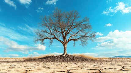 Wall Mural - A bare tree stands alone on cracked, dry soil under a cloudy sky, highlighting drought, climate change, and arid conditions.