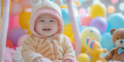 Wall Mural - Adorable baby in a bunny costume with a big smile, surrounded by colorful balloons and plush toys.