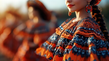 A vibrant portrait of a woman in traditional clothing, showcasing intricate patterns and cultural heritage amidst a warm backdrop.