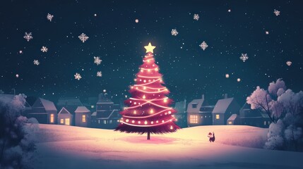 christmas tree, illustration, christmas, tree, gifts, snowy, night, festive, ornaments, presents, star, snowflakes, holiday, artistic, decor, decoration, celebration, lights, colorful, cartoon, season