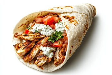 Wall Mural - Chicken gyros with tzatziki sauce isolated on a white, top view