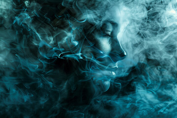 Wall Mural - mystical female face emerging from ethereal blue smoke with dramatic lighting, abstract surreal drea