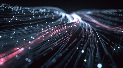 Abstract fiber optic cables, illuminated by tiny lights, creates a mesmerizing pattern of lines and curves.