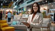 © liliyabatyrova - A woman in a business suit is holding a tablet in a furniture store