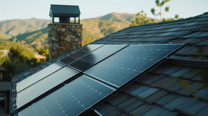 Black solar panels on the roof against a sunny sky. Close up of new house with black solar panels