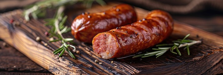 Sticker - Close up shot of a smoked sausage on a wooden cutting board Ideal for showcasing meat products in deli promotions