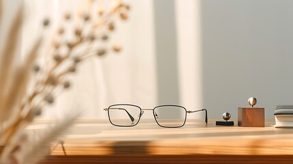 A minimalist rectangular glasses perched on a simple wooden desk, with a few elegant paperweights and a calm ambiance - Background: Zen-inspired study room