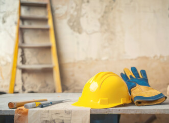 yellow construction helmet with gloves on the background of the room where repair work is underway