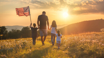 A patriotic American family walks together towards the sunset holding an American flag	
