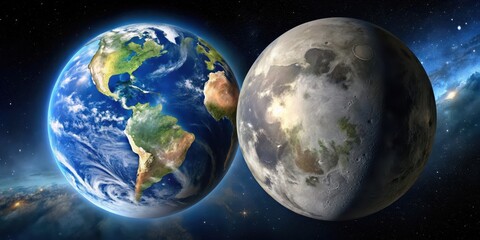 Wall Mural - A beautiful stock photo featuring the earth and the moon in the vastness of space, earth, moon, space, universe