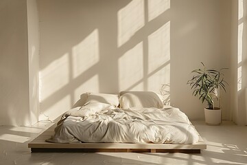  A minimalist bedroom with a platform bed white bedding and a single piece of decor 