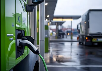 Electric truck charging at a biogas station with trucks in the background, The concept of Biofuel filling station with trucks. energy crisis, transporter, business, advanced, biotechnology