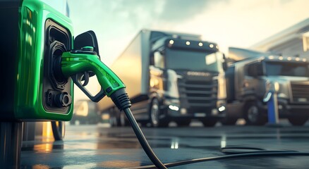 Electric truck charging at a biogas station with trucks in the background, The concept of Biofuel filling station with trucks. energy crisis, transporter, business, advanced, biotechnology