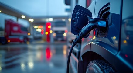 Electric truck charging at a biogas station with trucks in the background, The concept of Biofuel filling station with trucks. energy crisis, transporter, business, advanced, biotechnology