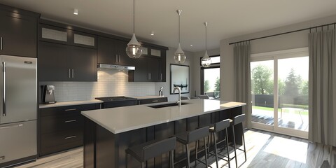 Wall Mural -  A modern kitchen with sleek black cabinets quartz countertops and pendant lighting over a large island 