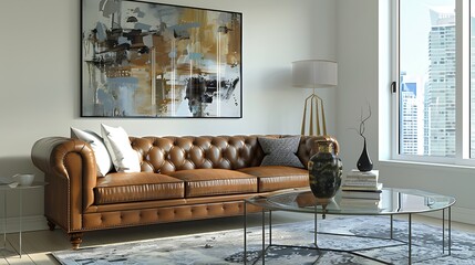 Wall Mural -  A modern living room with a leather sofa glass coffee table and abstract art 