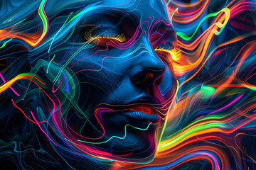 Wall Mural - vibrant multicolored neon lines forming a glowing abstract face on a dark background, futuristic dig
