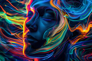 Wall Mural - vibrant neon lines creating an abstract face with surreal glow on a dark background, futuristic digi