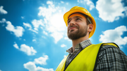 A bearded construction worker wearing a yellow hard hat and safety vest, looking up with confidence against a bright blue sky filled with clouds, symbolizing industry and progress.
