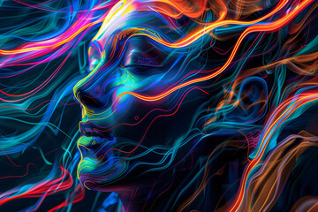 Wall Mural - vivid neon lines encircling a tranquil face in abstract digital artwork, futuristic and ethereal des