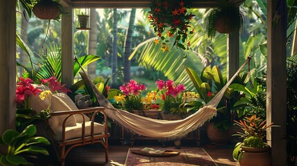 Wall Mural -  A tropical sunroom filled with lush greenery vibrant flowers and a hammock swaying gently in the breeze 