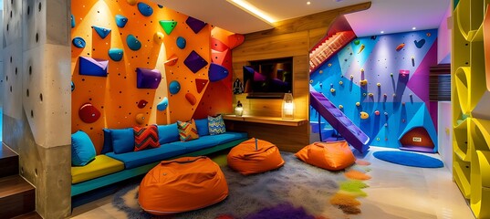 Wall Mural -  A vibrant playroom with a climbing wall bean bags and colorful decor 