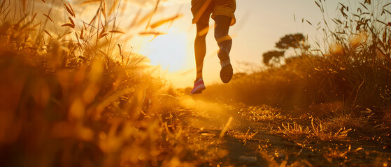 Jogging. Close up of running sport woman, female, fit girl in motion. Runner on scenic road with sunset. Hiking. Outdoor sport, fitness concept. Generative ai