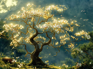 Wall Mural - A large tree with white flowers is the main focus of the image. The tree is surrounded by a lush green field and there are several butterflies flying around it