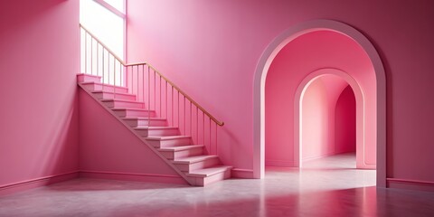 Canvas Print - Pink Staircase and Archway Interior, Minimalist Design, Pink Walls, Modern Architecture, Interior Design, Stairwell , Archway