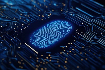 A futuristic fingerprint on a circuit board background, symbolizing identity verification and digital security.