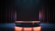 © studio nowhere - An empty game show set featuring a sleek pedestal, glossy floor, and deep background. A sleek, modern game show stage featuring a lone pedestal against a rich, dark backdrop.