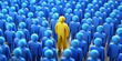 © Stock Spectrum - Standing Out From The Crowd - Yellow Figure In Blue Crowd, 3D Render, People, Individuality, Difference, Unique