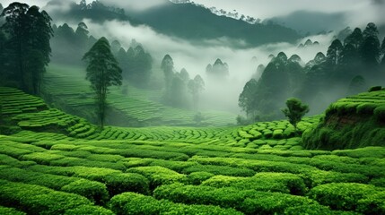 Wall Mural - Serene Tea Plantation in Misty Mountain Landscape