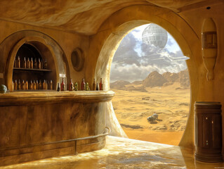 Wall Mural - A bar with a desert view and a UFO in the background