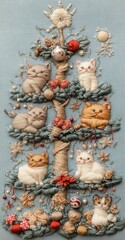 Wall Mural - Christmas cute funny little cat near the Christmas tree in embroidery style