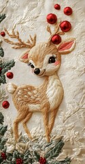 Wall Mural - Christmas cute funny little deer in embroidery style