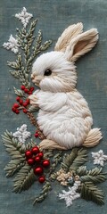 Wall Mural - Christmas cute funny little rabbit bunny in the snow in embroidery style