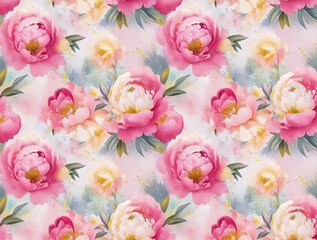  Seamless pattern with watercolor flowers. Peonies, anemone, citrus and roses. Illustration
