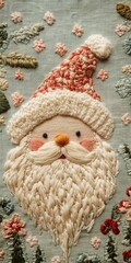 Wall Mural - Christmas cute funny Santa Claus near the Christmas tree in embroidery style