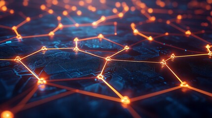 Wall Mural - Abstract Network of Glowing Orange Lines and Nodes on a Blue Background