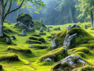 Wall Mural - A lush green field with a path leading through it. The grass is tall and the rocks are scattered throughout the field. The scene is peaceful and serene, with the sun shining down on the grass