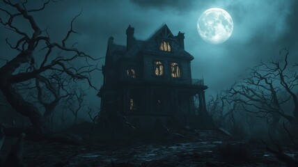 Eerie haunted mansion under a full moon, surrounded by twisted trees, creating a chilling atmosphere of mystery and fear.