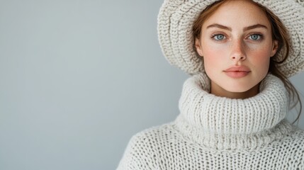 A woman wearing a white knitted hat and matching sweater posing against a clean, light background, showcasing winter fashion and the cozy texture of knitwear.