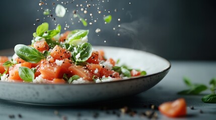 A fresh salad featuring various greens, herbs, and spices creatively captured in mid-air, symbolizing freshness, health, and dynamism, embodying the essence of gourmet cuisine.