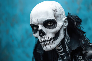 Wall Mural - A person with detailed skull makeup stares intensely, creating a chilling and macabre atmosphere against a textured teal background, perfect for Halloween or horror themes.