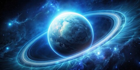 Wall Mural - Planet with glowing blue energy ring surrounded by deep space, Planet, glowing, blue, energy, ring, deep space